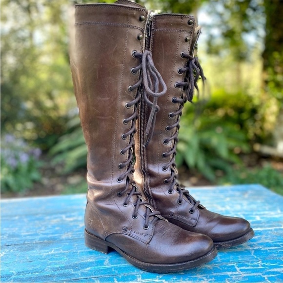 RARE!  Frye Melissa Tall Lace Up lug riding moto combat Boots size 6 - Picture 1 of 10
